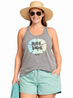 Cariloha Gray Bamboo Blend Beach Vibes Graphic Racerback Tank Top Womens NWT